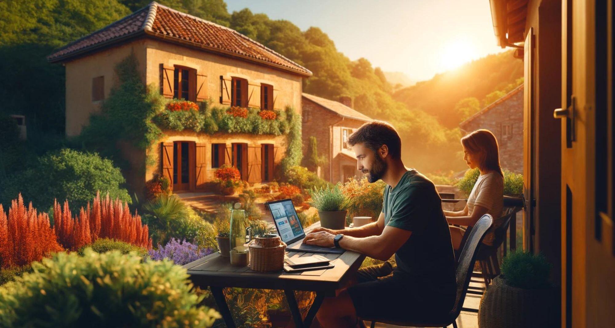 un couple sur la terrasse qui navigue sur un ordinateur portable - prime rénovation énergétique